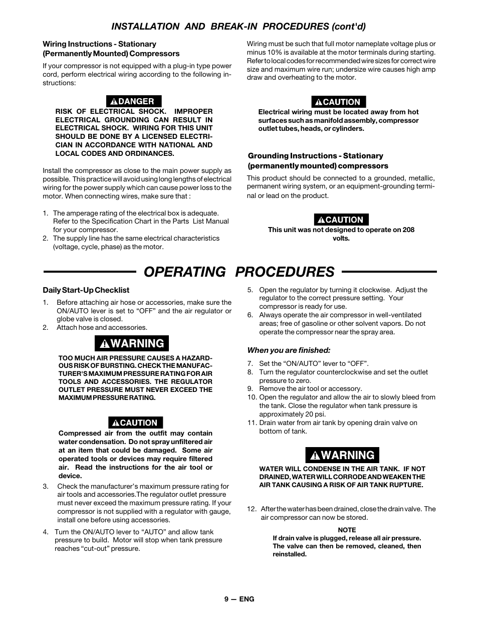 Operating procedures, Installation and break-in procedures (cont'd) | DeVillbiss Air Power Company MG7-OFTWIN User Manual | Page 9 / 16