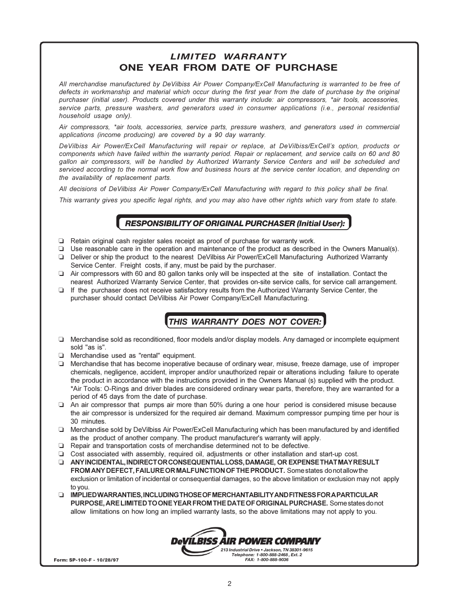 One year from date of purchase | DeVillbiss Air Power Company SP-100-F User Manual | Page 2 / 16