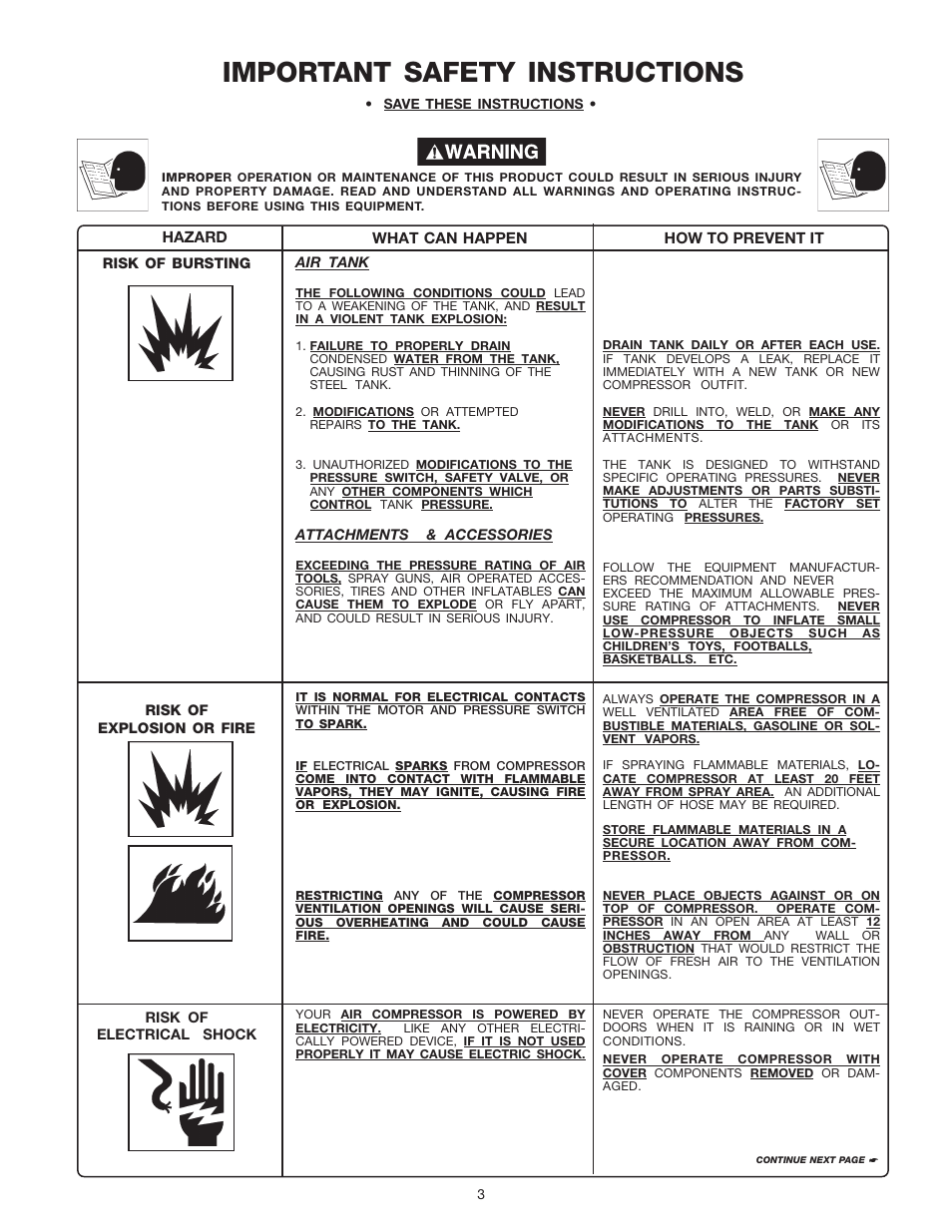 Important safety instructions | DeVillbiss Air Power Company SP-100-F User Manual | Page 3 / 16