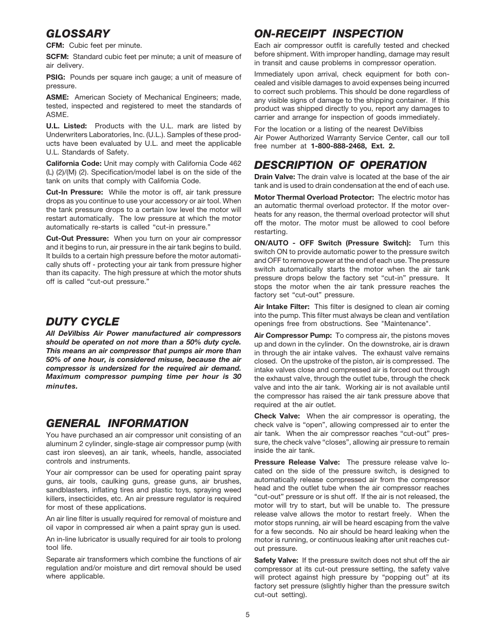 Glossary, Duty cycle, General information | On-receipt inspection, Description of operation | DeVillbiss Air Power Company SP-100-F User Manual | Page 5 / 16