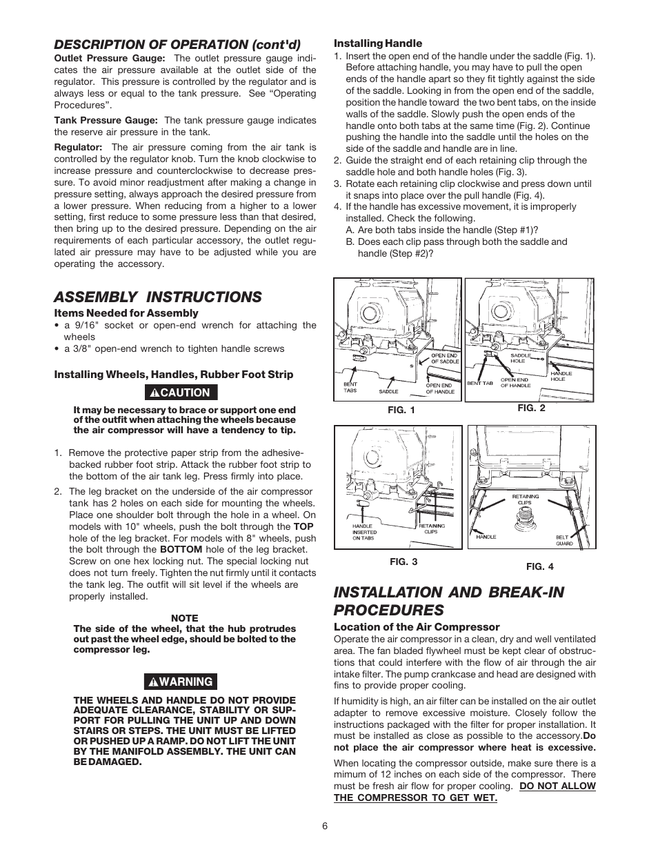 Assembly instructions, Installation and break-in procedures | DeVillbiss Air Power Company SP-100-F User Manual | Page 6 / 16