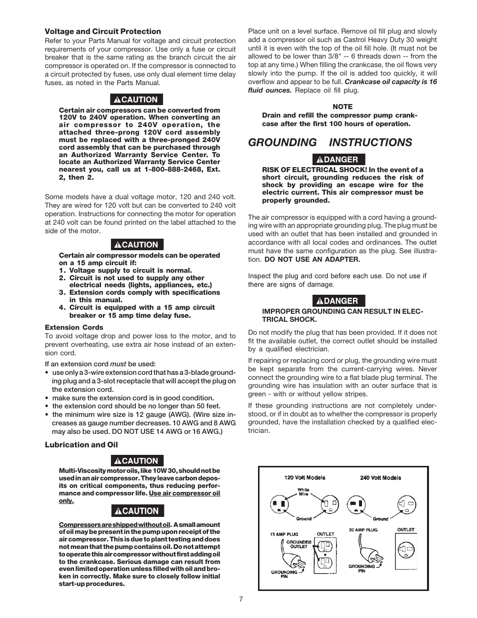 Grounding instructions | DeVillbiss Air Power Company SP-100-F User Manual | Page 7 / 16