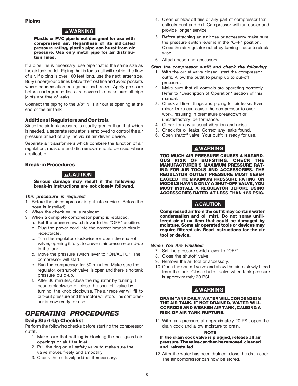 Operating procedures | DeVillbiss Air Power Company SP-100-F User Manual | Page 8 / 16