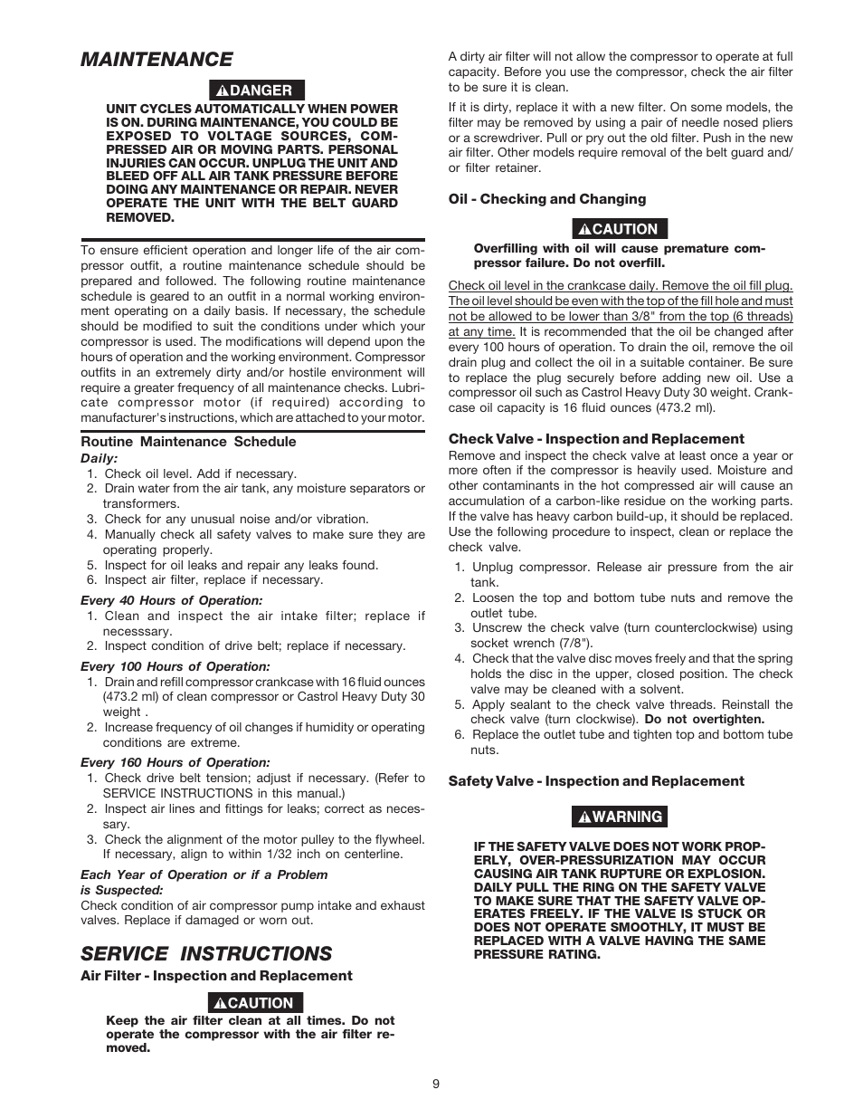 Maintenance, Service instructions | DeVillbiss Air Power Company SP-100-F User Manual | Page 9 / 16