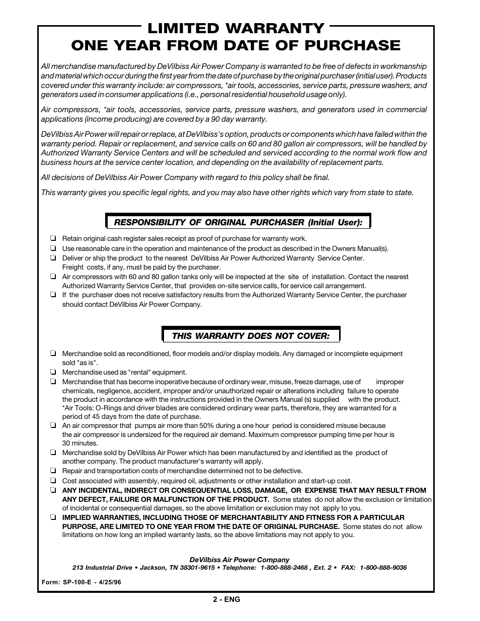 Limited warranty one year from date of purchase | DeVillbiss Air Power Company MG1-UMCCOMP-3 User Manual | Page 2 / 12
