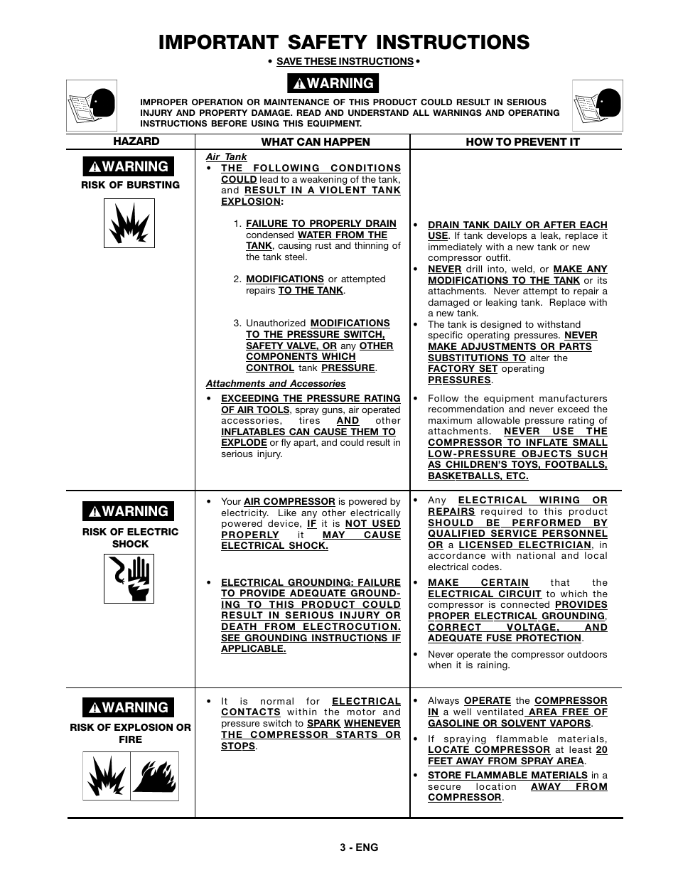 Important safety instructions | DeVillbiss Air Power Company MG1-UMCCOMP-3 User Manual | Page 3 / 12