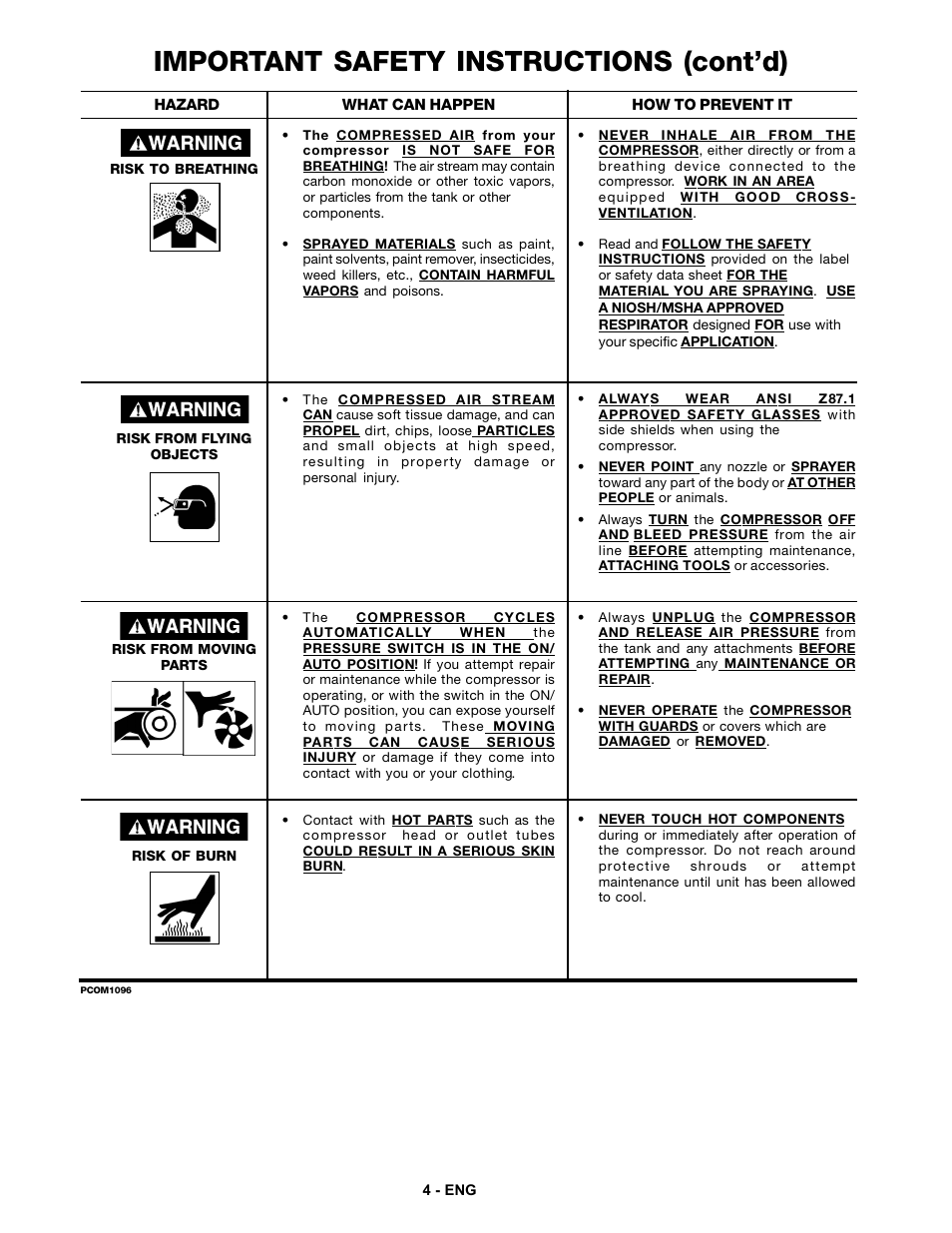 Important safety instructions (cont’d) | DeVillbiss Air Power Company MG1-UMCCOMP-3 User Manual | Page 4 / 12