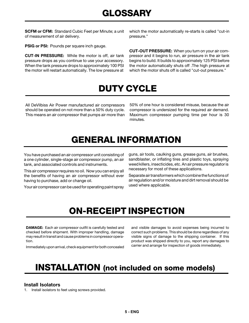 Glossary, Duty cycle, General information | On-receipt inspection, Installation, Not included on some models) | DeVillbiss Air Power Company MG1-UMCCOMP-3 User Manual | Page 5 / 12