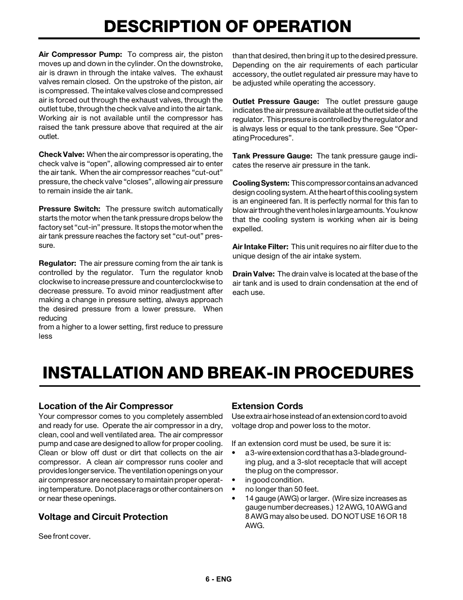 Description of operation, Installation and break-in procedures | DeVillbiss Air Power Company MG1-UMCCOMP-3 User Manual | Page 6 / 12
