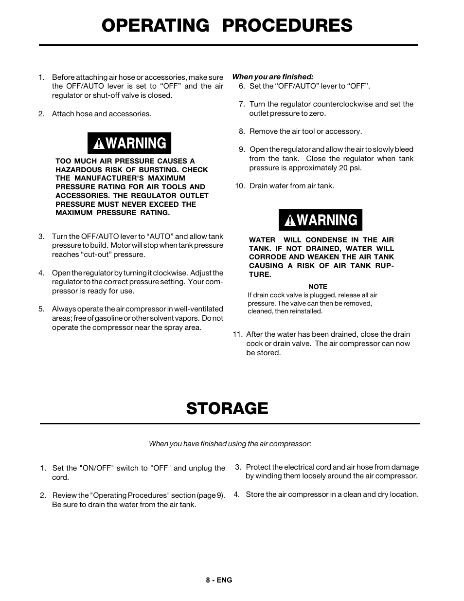 Operating procedures, Storage | DeVillbiss Air Power Company MG1-UMCCOMP-3 User Manual | Page 8 / 12