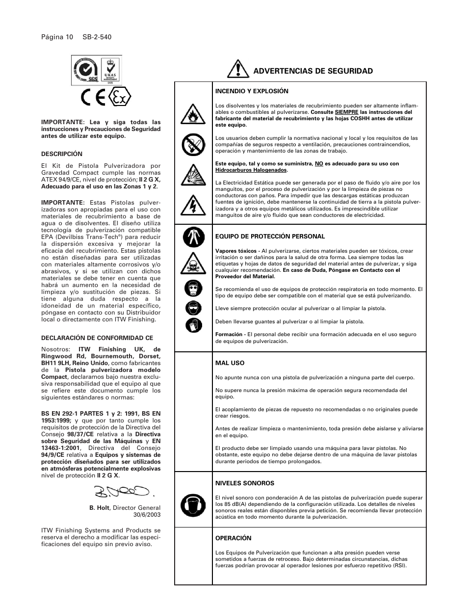 Advertencias de seguridad | DeVillbiss Air Power Company SB-2-540 User Manual | Page 10 / 20