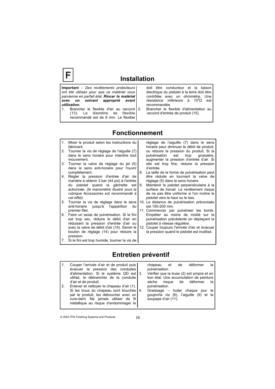 Installation, Entretien préventif, Fonctionnement | DeVilbiss SB-E2-2-531 User Manual | Page 16 / 32