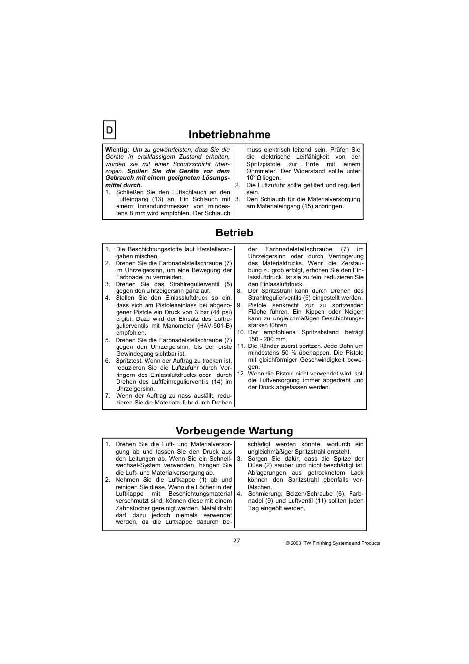 Inbetriebnahme, Vorbeugende wartung, Betrieb | DeVilbiss SB-E2-2-531 User Manual | Page 27 / 32