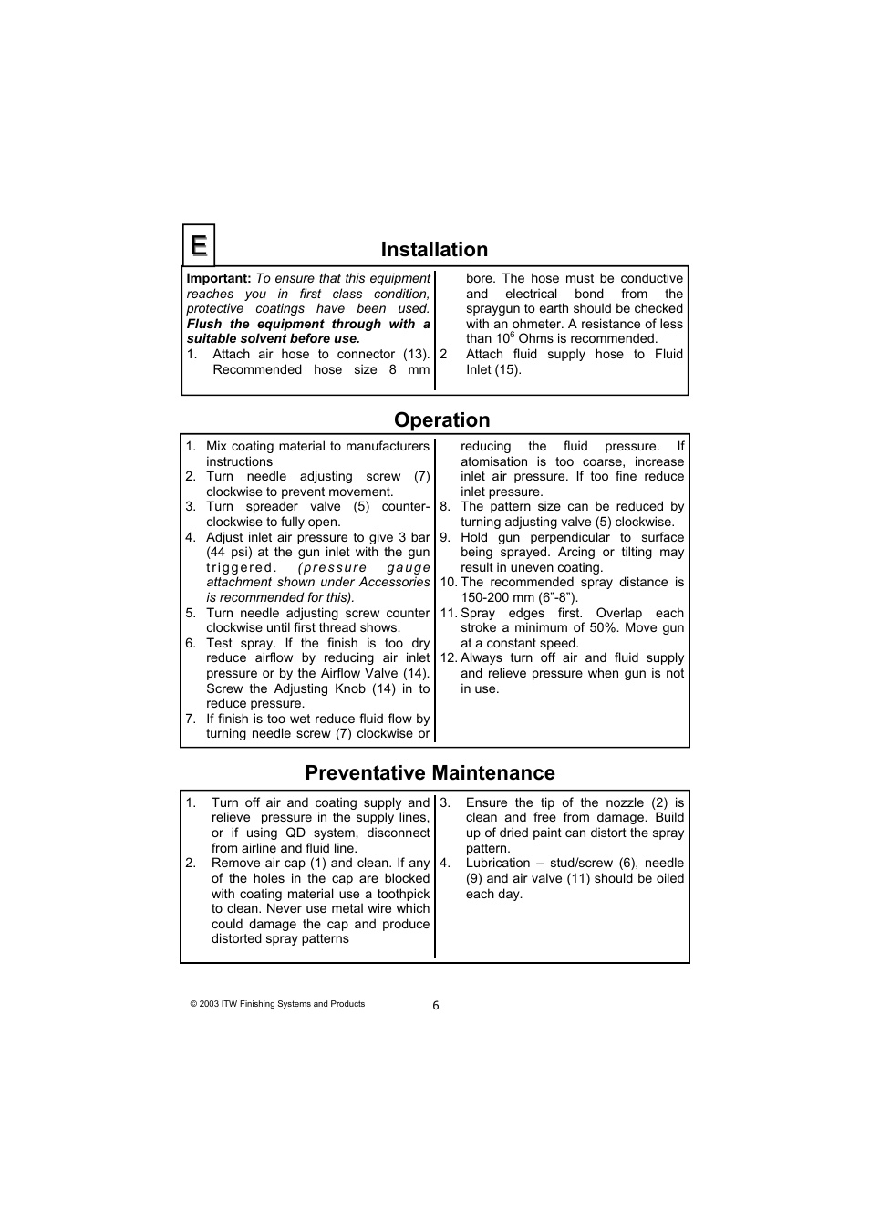 Installation, Preventative maintenance, Operation | DeVilbiss SB-E2-2-531 User Manual | Page 6 / 32