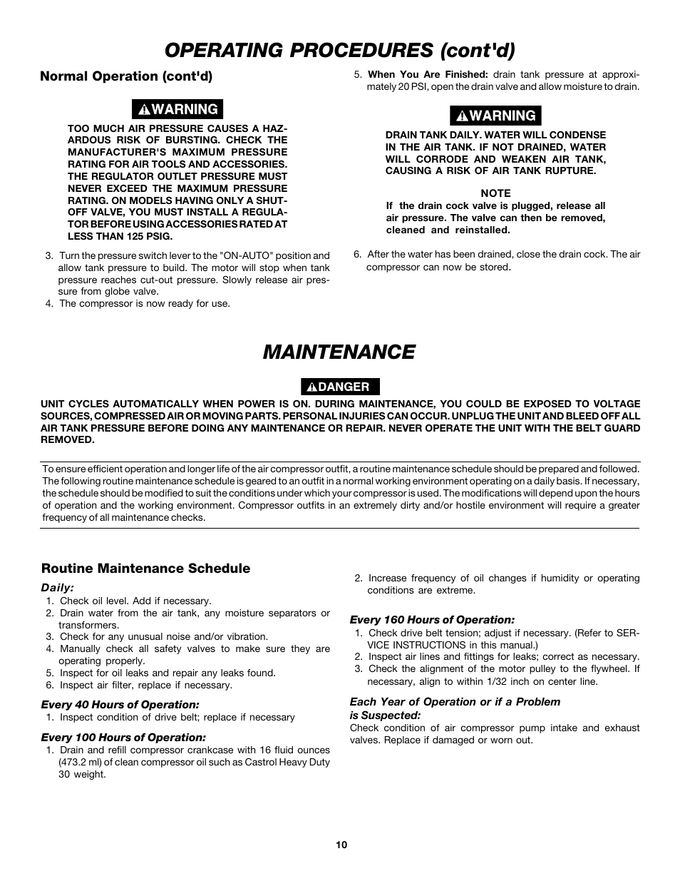 Maintenance, Operating procedures (cont'd) | DeVilbiss MG5-OLSTAT-3A User Manual | Page 10 / 16