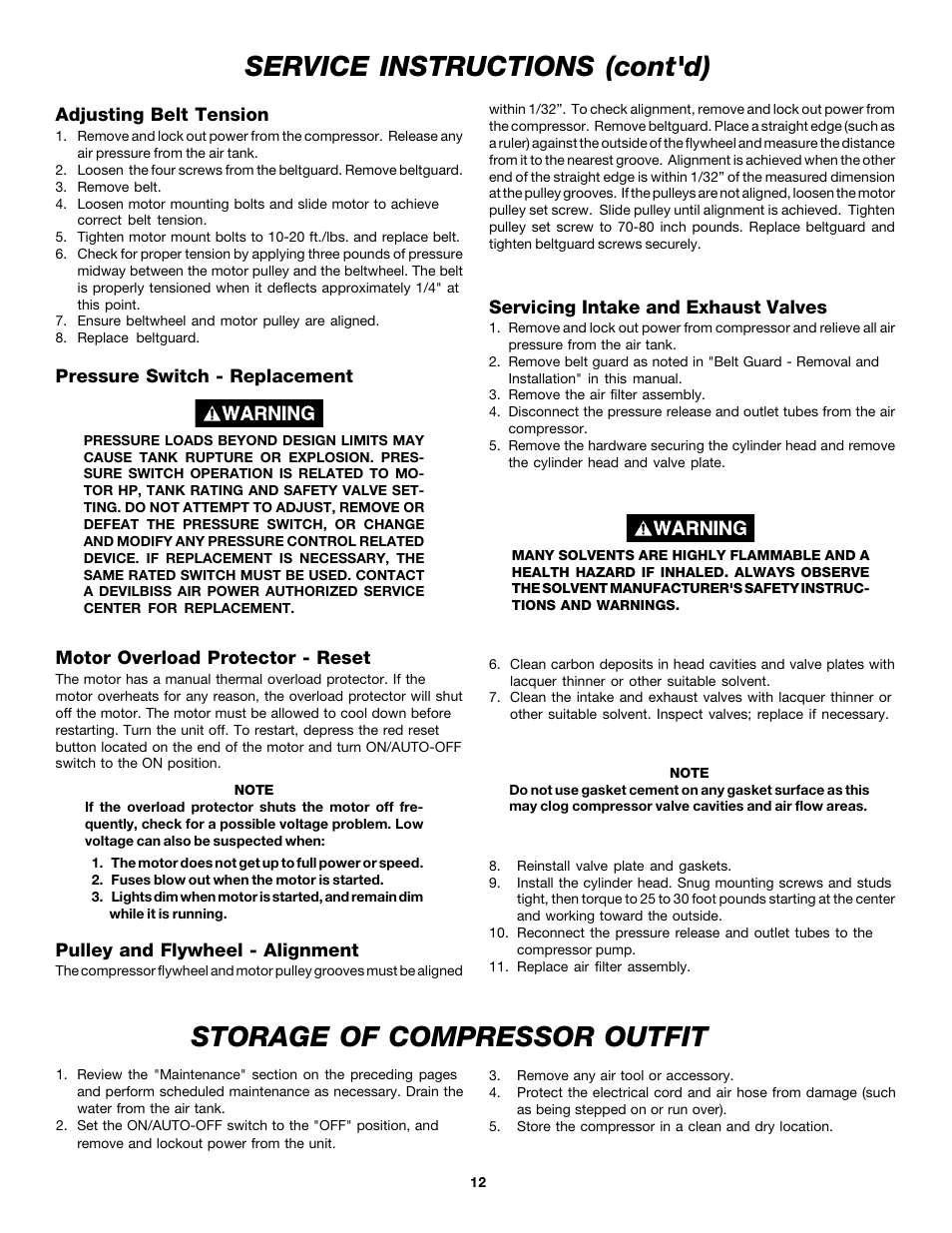 Storage of compressor outfit, Service instructions (cont'd) | DeVilbiss MG5-OLSTAT-3A User Manual | Page 12 / 16