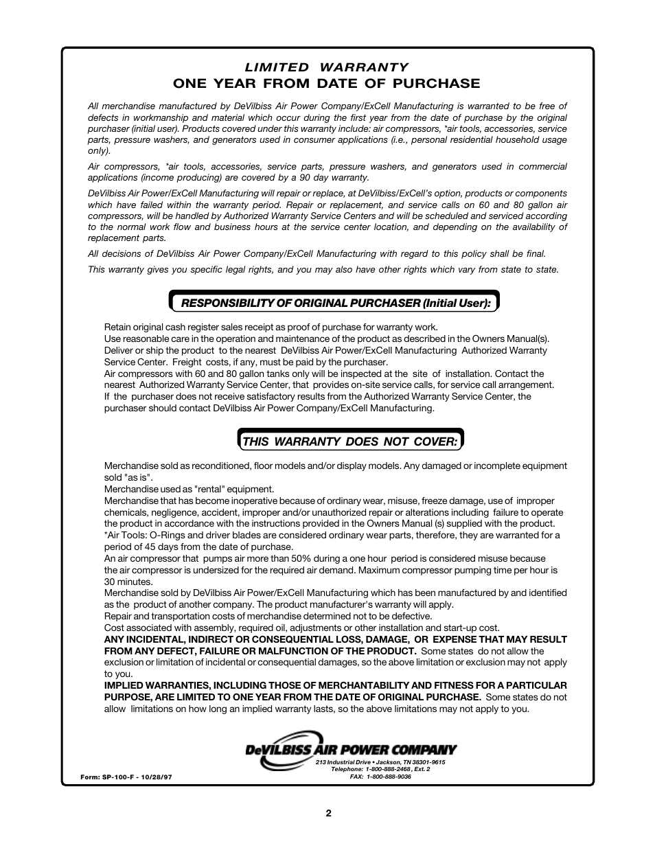 One year from date of purchase | DeVilbiss MG5-OLSTAT-3A User Manual | Page 2 / 16
