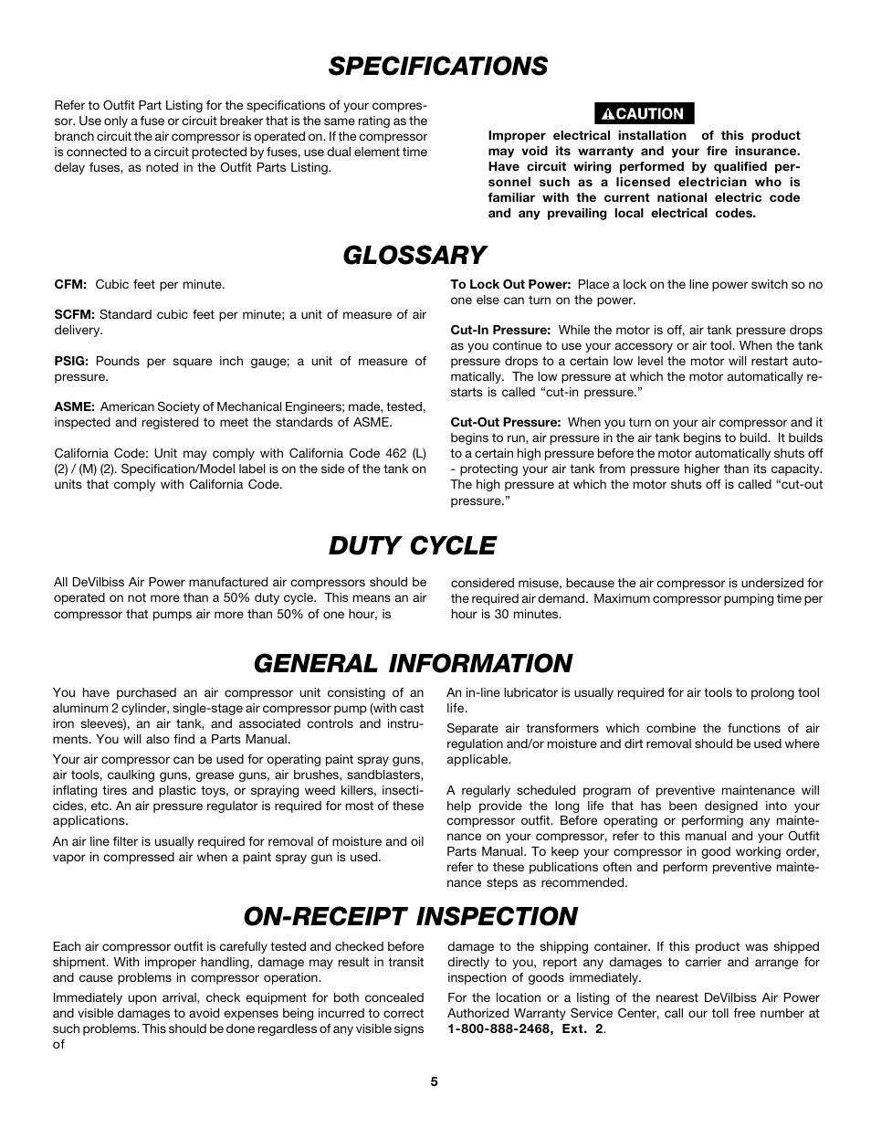 Glossary, Duty cycle, On-receipt inspection | General information, Specifications | DeVilbiss MG5-OLSTAT-3A User Manual | Page 5 / 16