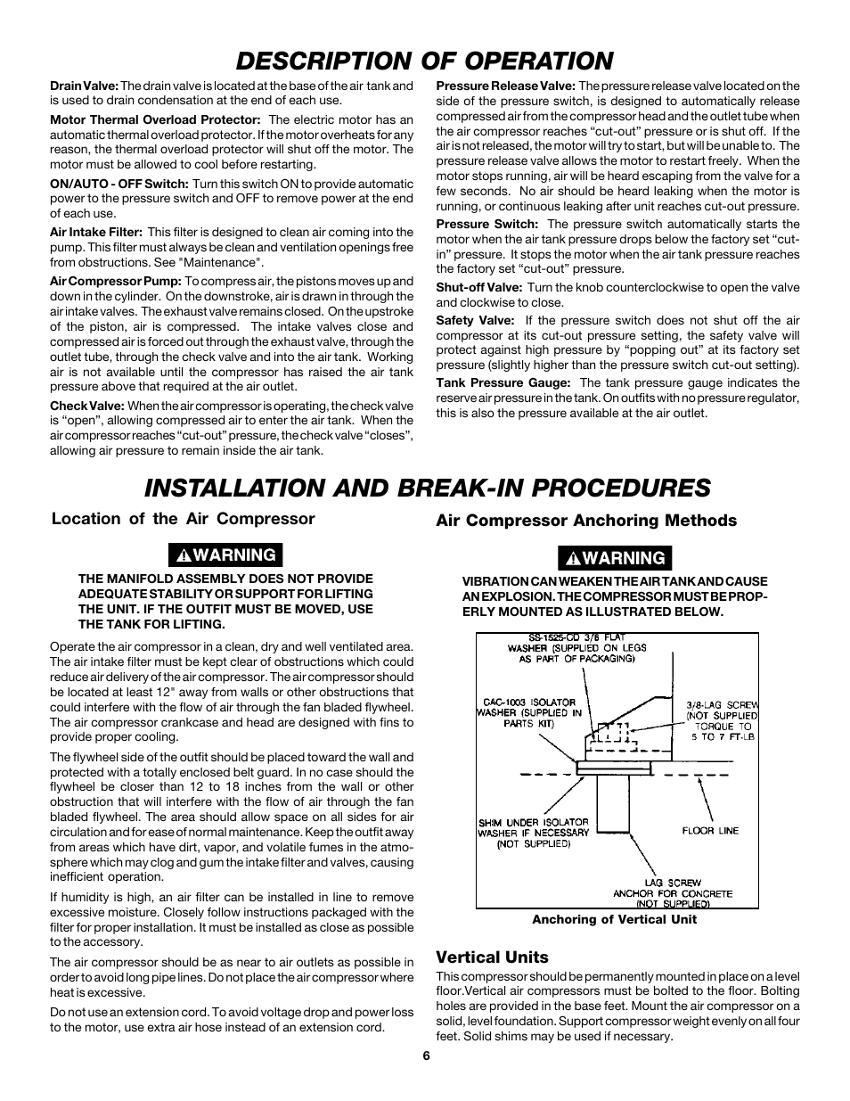 Installation and break-in procedures, Description of operation | DeVilbiss MG5-OLSTAT-3A User Manual | Page 6 / 16