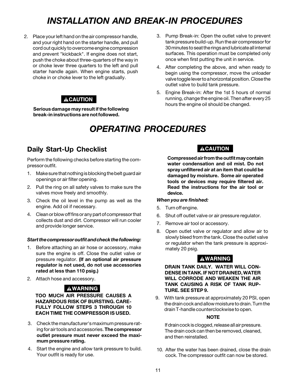 Installation and break-in procedures, Operating procedures, Daily start-up checklist | DeVilbiss MG4-OLENG-2B User Manual | Page 11 / 20