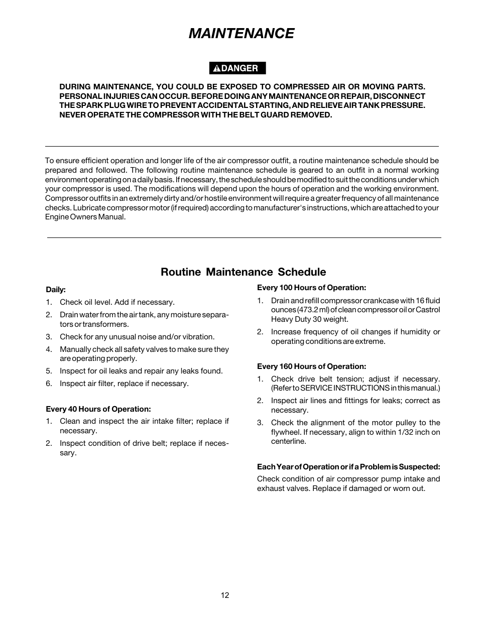 Maintenance, Routine maintenance schedule | DeVilbiss MG4-OLENG-2B User Manual | Page 12 / 20