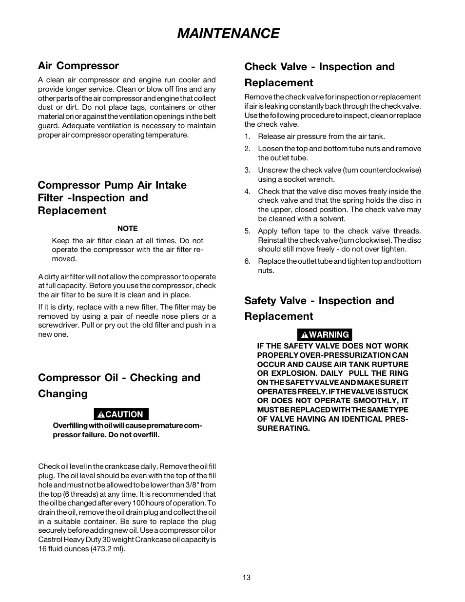 Maintenance, Air compressor, Check valve - inspection and replacement | Safety valve - inspection and replacement, Compressor oil - checking and changing | DeVilbiss MG4-OLENG-2B User Manual | Page 13 / 20
