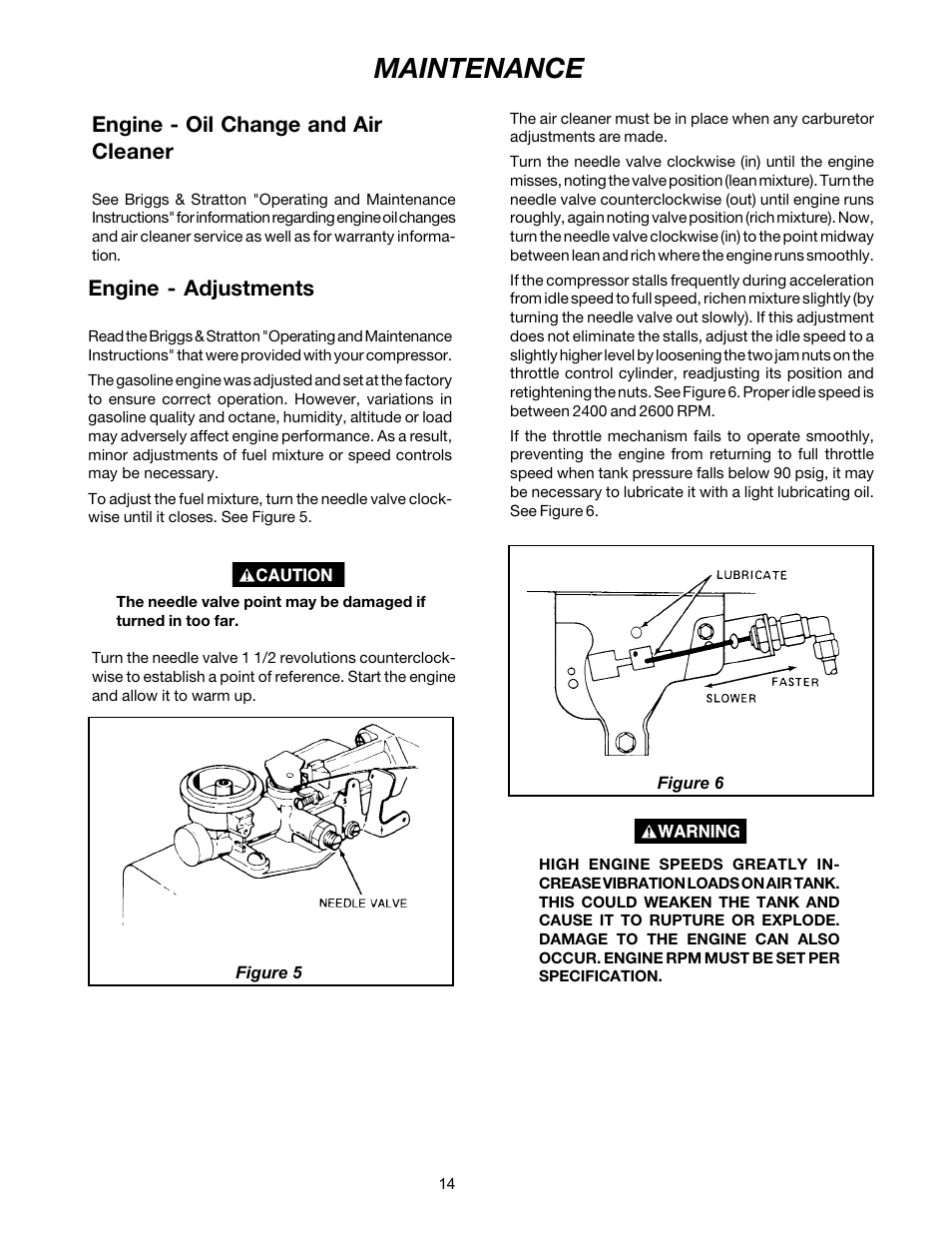 Maintenance, Engine - oil change and air cleaner, Engine - adjustments | DeVilbiss MG4-OLENG-2B User Manual | Page 14 / 20