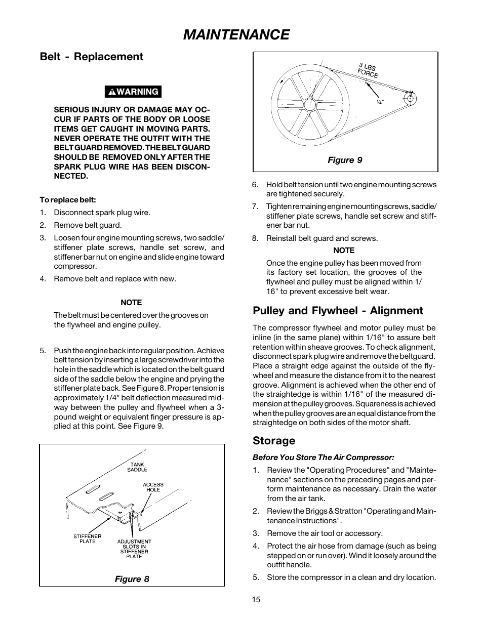 Maintenance, Belt - replacement, Pulley and flywheel - alignment storage | DeVilbiss MG4-OLENG-2B User Manual | Page 15 / 20
