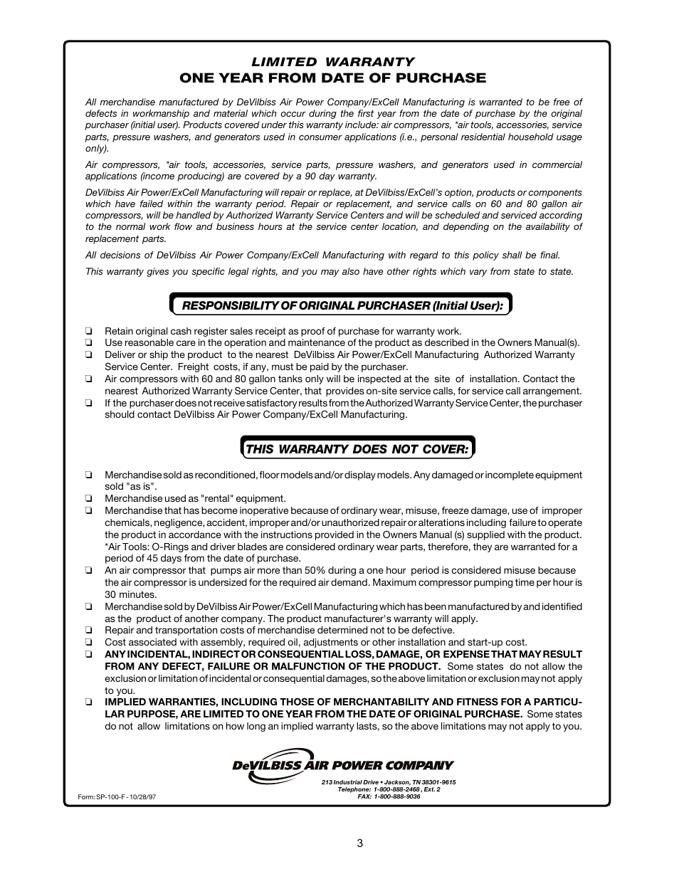 One year from date of purchase | DeVilbiss MG4-OLENG-2B User Manual | Page 3 / 20