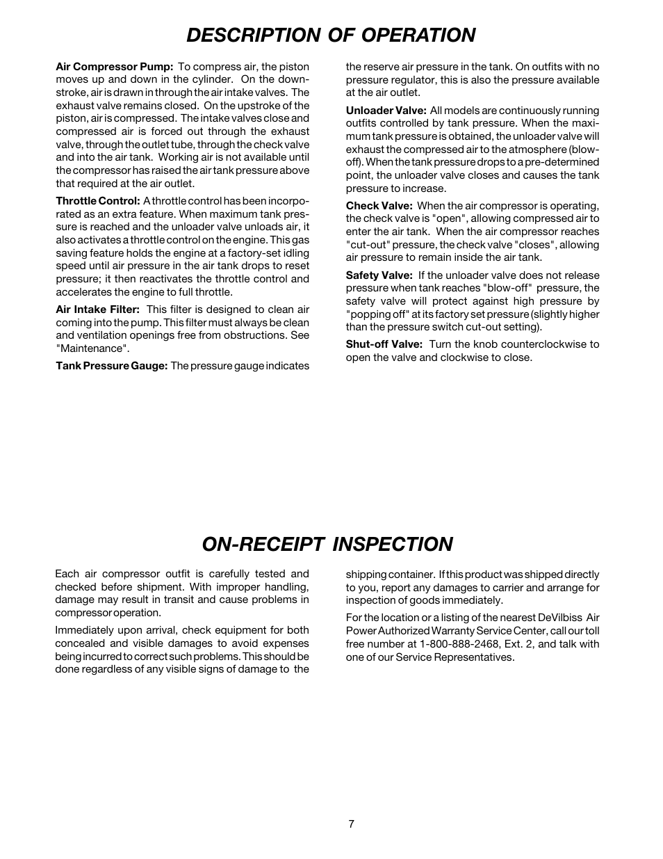 On-receipt inspection, Description of operation | DeVilbiss MG4-OLENG-2B User Manual | Page 7 / 20