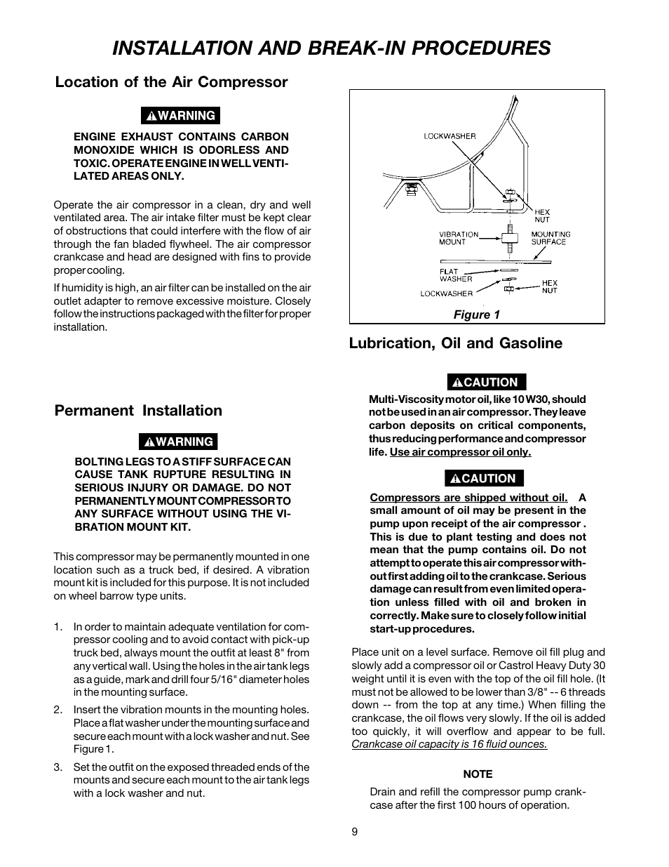 Installation and break-in procedures, Permanent installation, Location of the air compressor | Lubrication, oil and gasoline | DeVilbiss MG4-OLENG-2B User Manual | Page 9 / 20