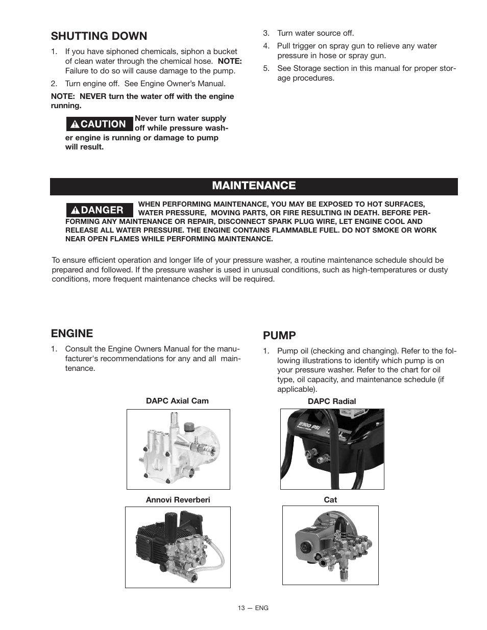 Shutting down, Maintenance, Engine | Pump | DeVilbiss D22322 User Manual | Page 13 / 20