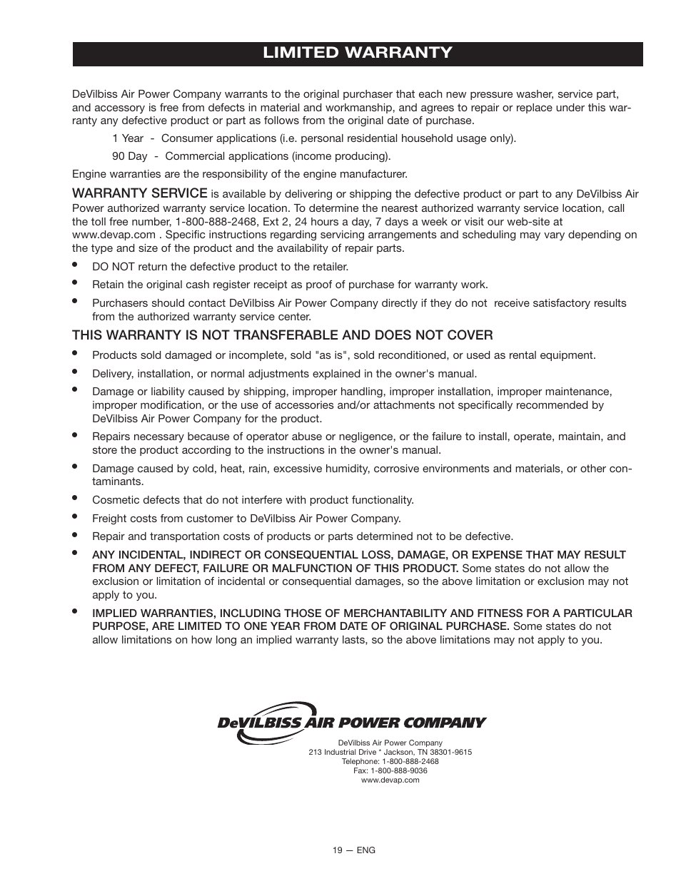 Limited warranty, Warranty service | DeVilbiss D22322 User Manual | Page 19 / 20