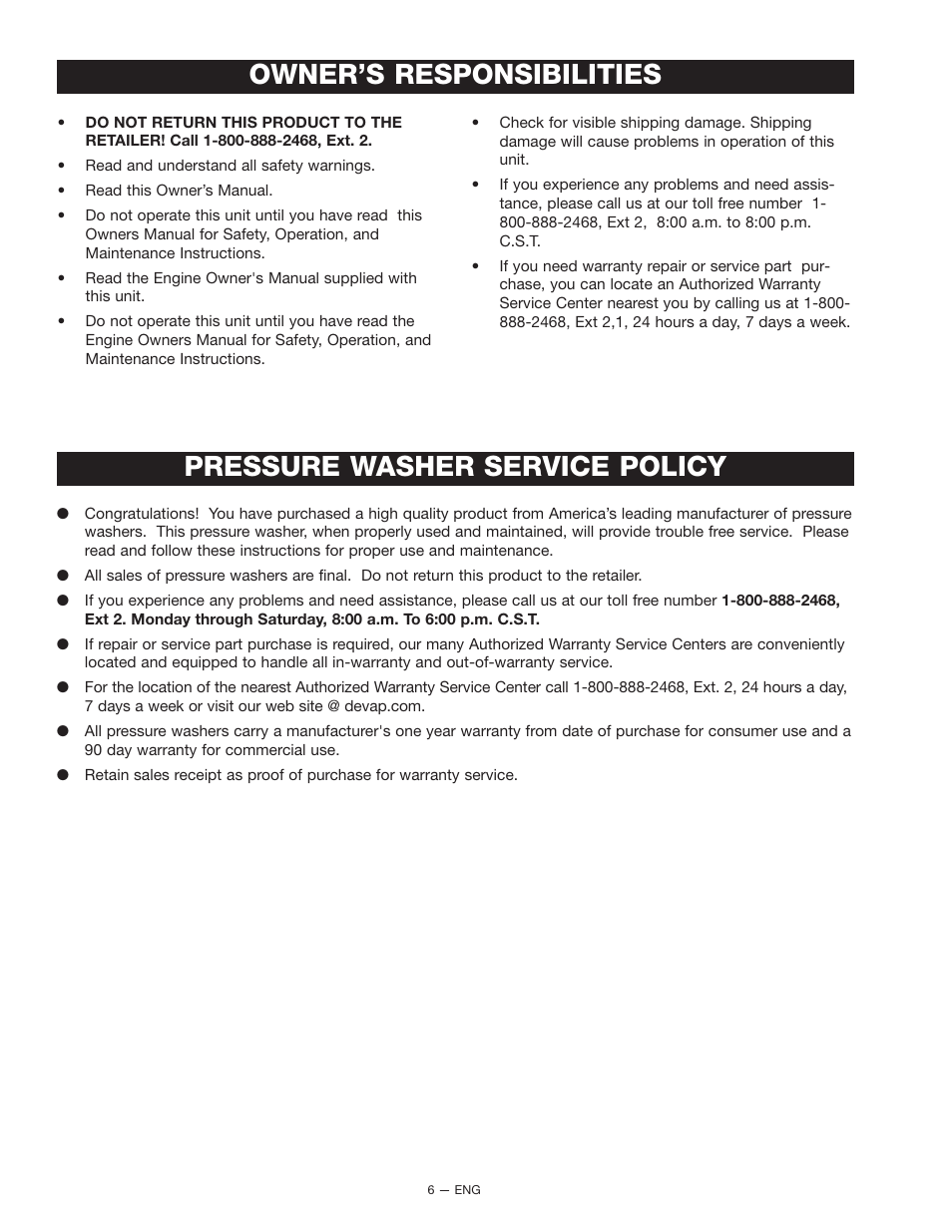 Owner’s responsibilities, Pressure washer service policy | DeVilbiss D22322 User Manual | Page 6 / 20