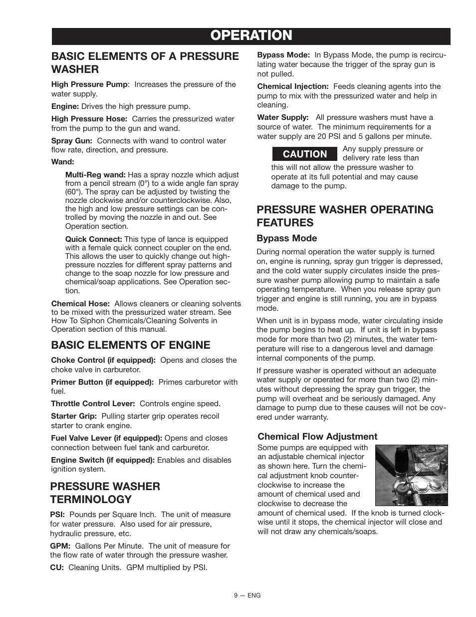 Operation, Basic elements of a pressure washer, Pressure washer terminology | Pressure washer operating features, Basic elements of engine | DeVilbiss D22322 User Manual | Page 9 / 20
