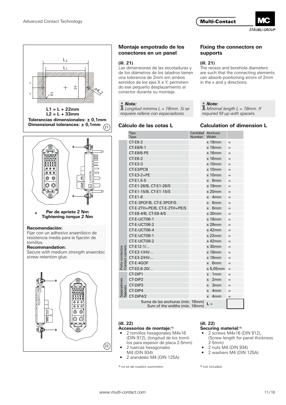Cálculo de las cotas l calculation of dimension l | Multi-Contact MA213 User Manual | Page 11 / 16