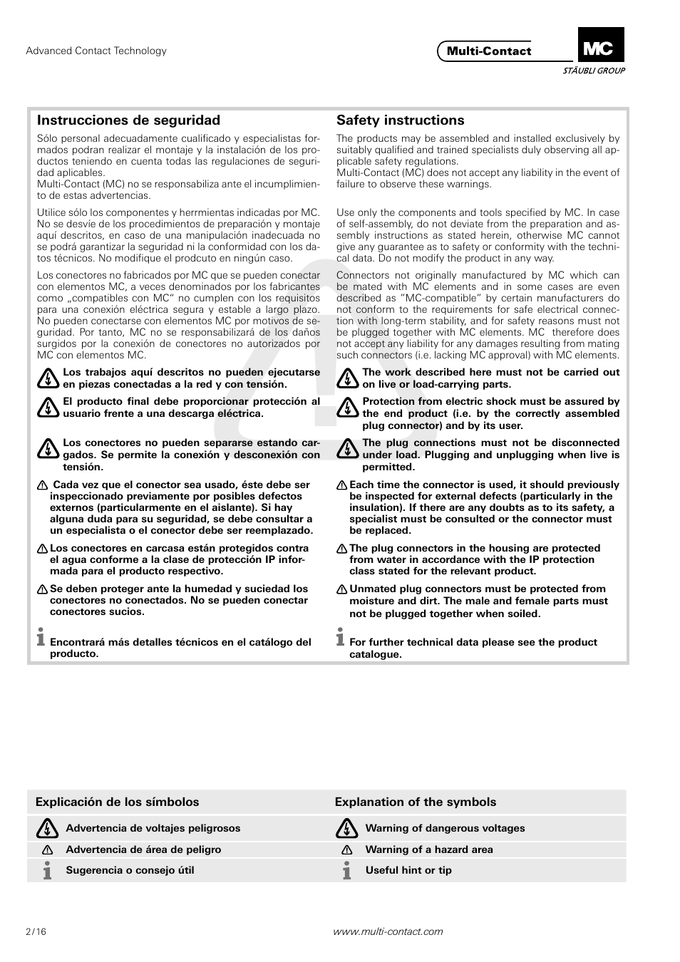 Instrucciones de seguridad safety instructions | Multi-Contact MA213 User Manual | Page 2 / 16