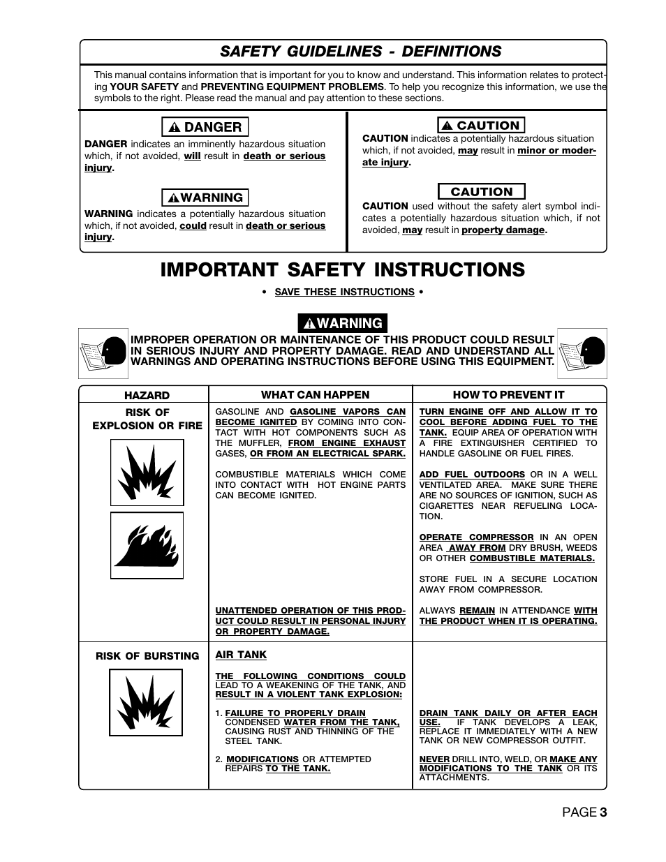 Important safety instructions, Safety guidelines - definitions, Page 3 | DeVilbiss DACE-7161-2 User Manual | Page 3 / 32