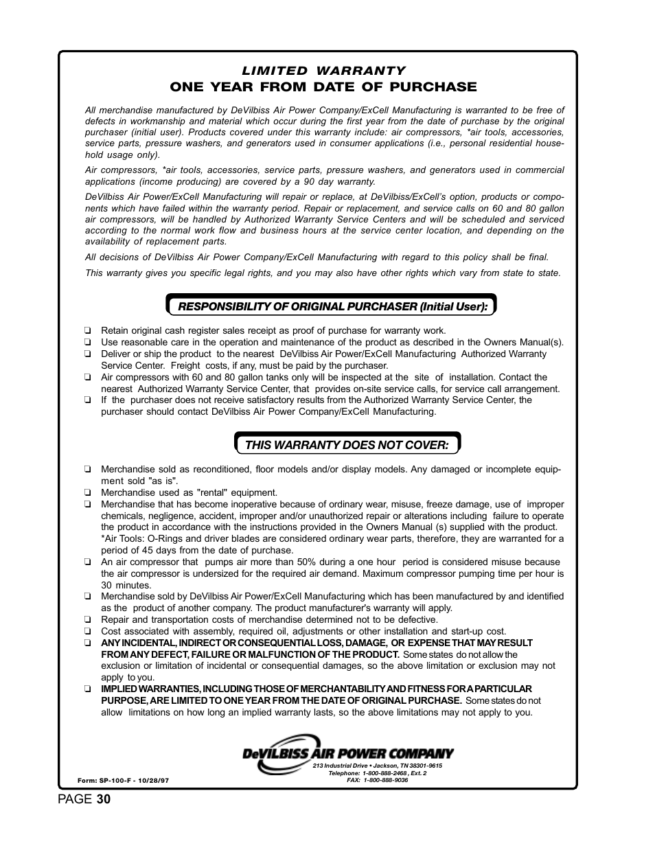 Page 30, One year from date of purchase | DeVilbiss DACE-7161-2 User Manual | Page 30 / 32