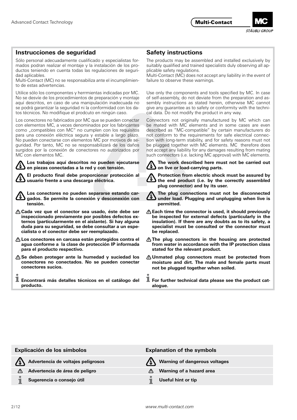 Instrucciones de seguridad safety instructions | Multi-Contact MA213-01 User Manual | Page 2 / 12