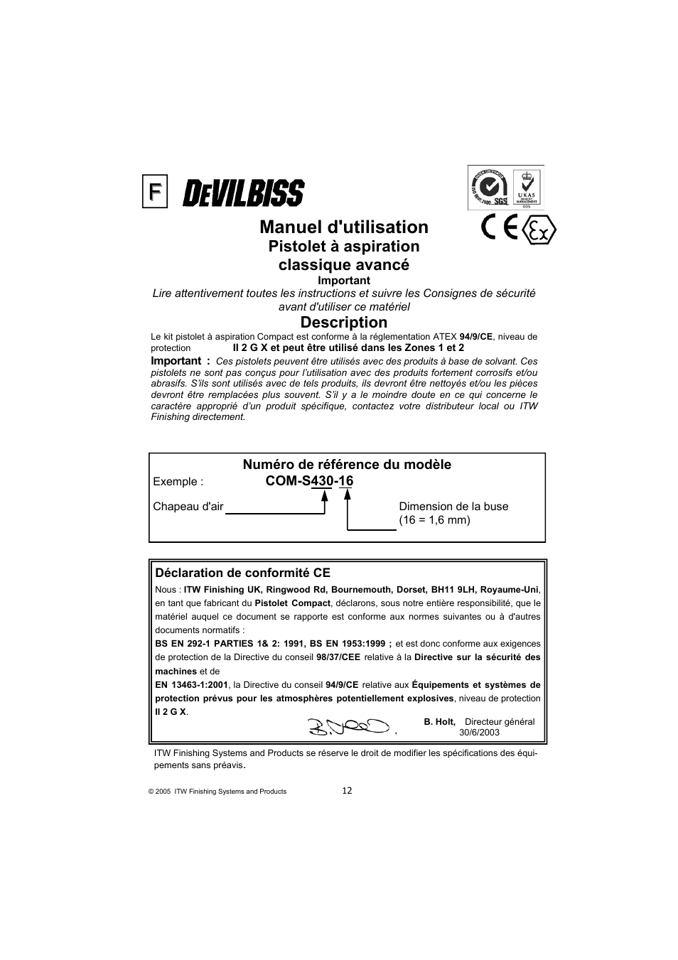 Manuel d'utilisation, Pistolet à aspiration classique avancé, Description | DeVilbiss COMPACT P2-11 User Manual | Page 12 / 32