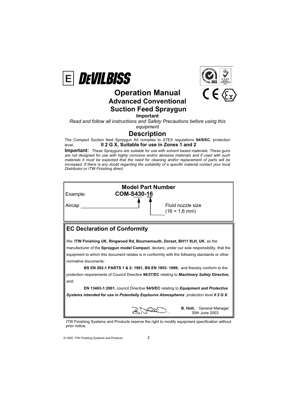 Operation manual, Advanced conventional suction feed spraygun, Description | DeVilbiss COMPACT P2-11 User Manual | Page 2 / 32