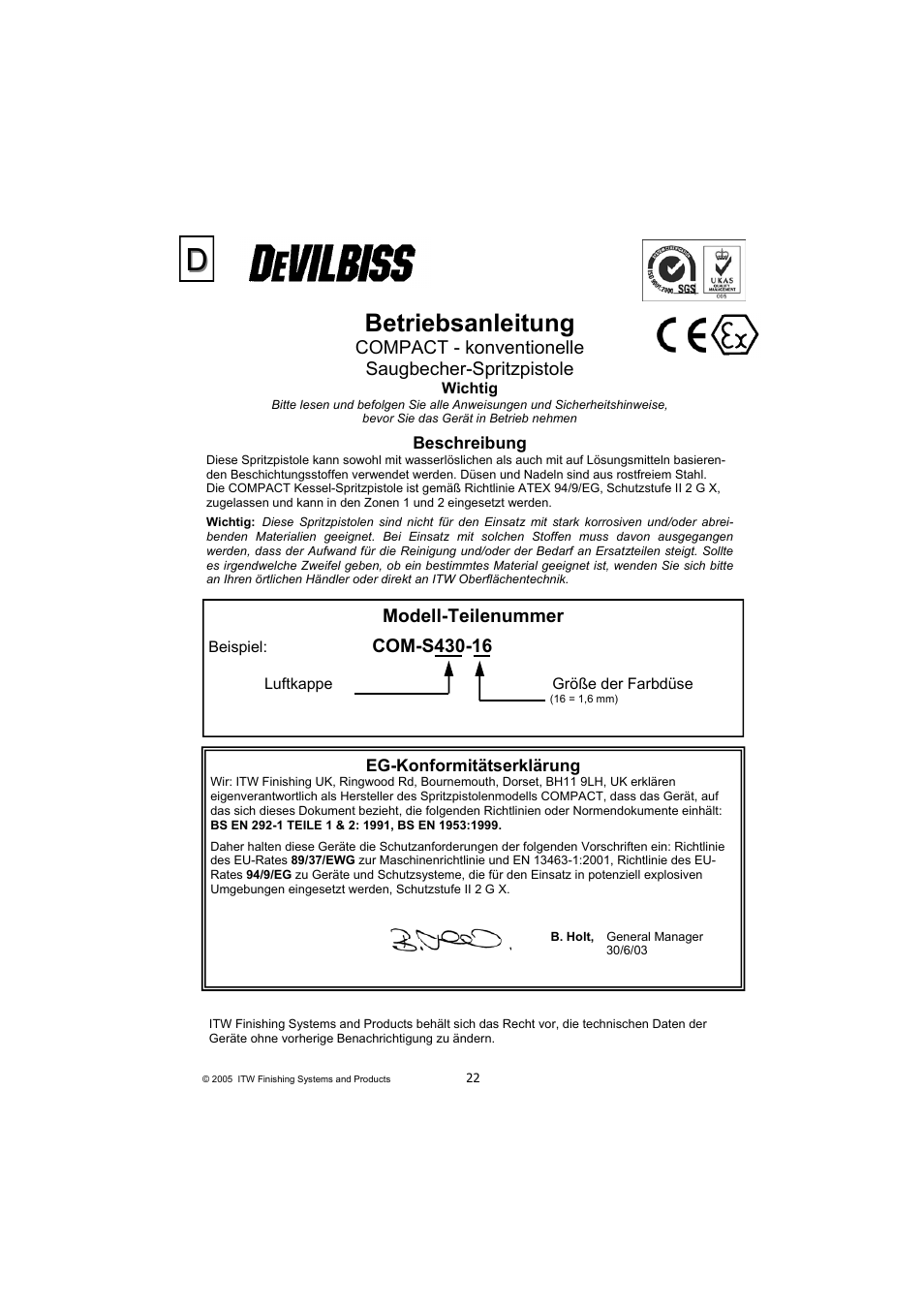 Betriebsanleitung | DeVilbiss COMPACT P2-11 User Manual | Page 22 / 32