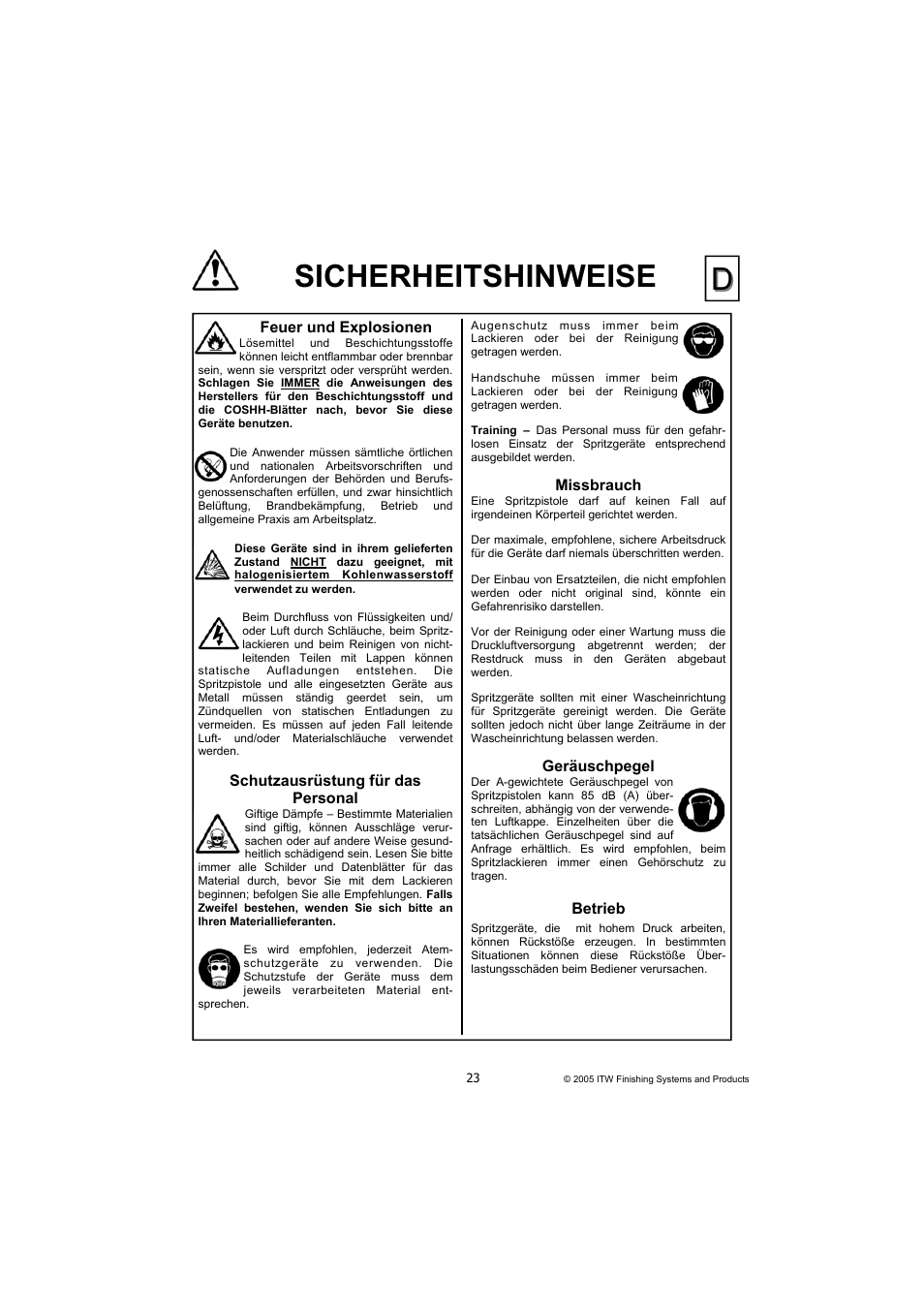 Sicherheitshinweise | DeVilbiss COMPACT P2-11 User Manual | Page 23 / 32