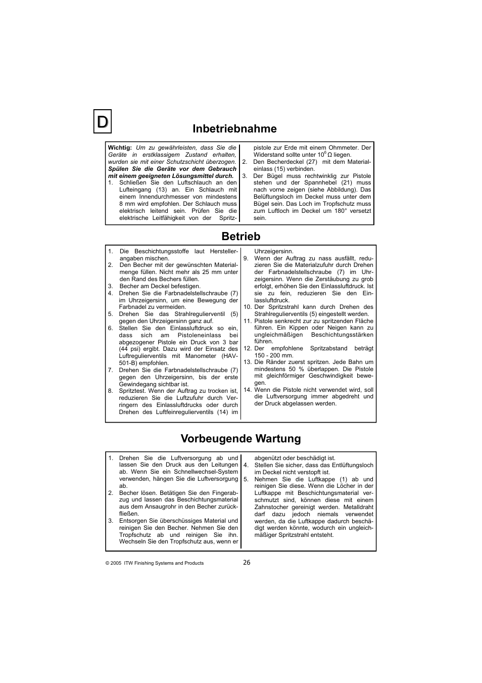 Inbetriebnahme, Vorbeugende wartung, Betrieb | DeVilbiss COMPACT P2-11 User Manual | Page 26 / 32