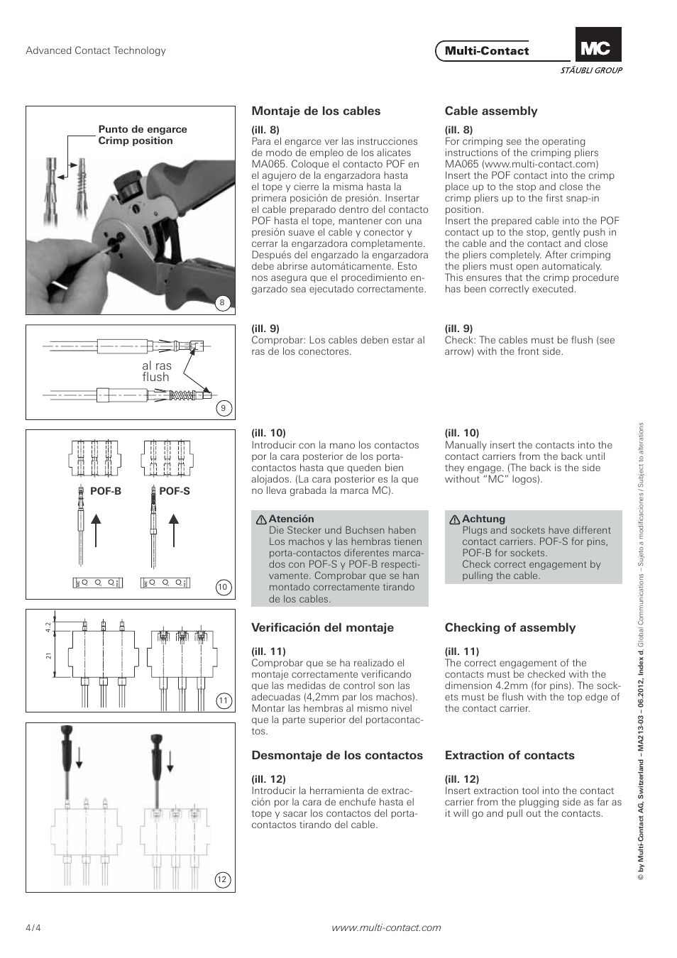 Al ras fl ush, Montaje de los cables cable assembly, Verifi cación del montaje checking of assembly | Desmontaje de los contactos extraction of contacts | Multi-Contact MA213-03 User Manual | Page 4 / 4