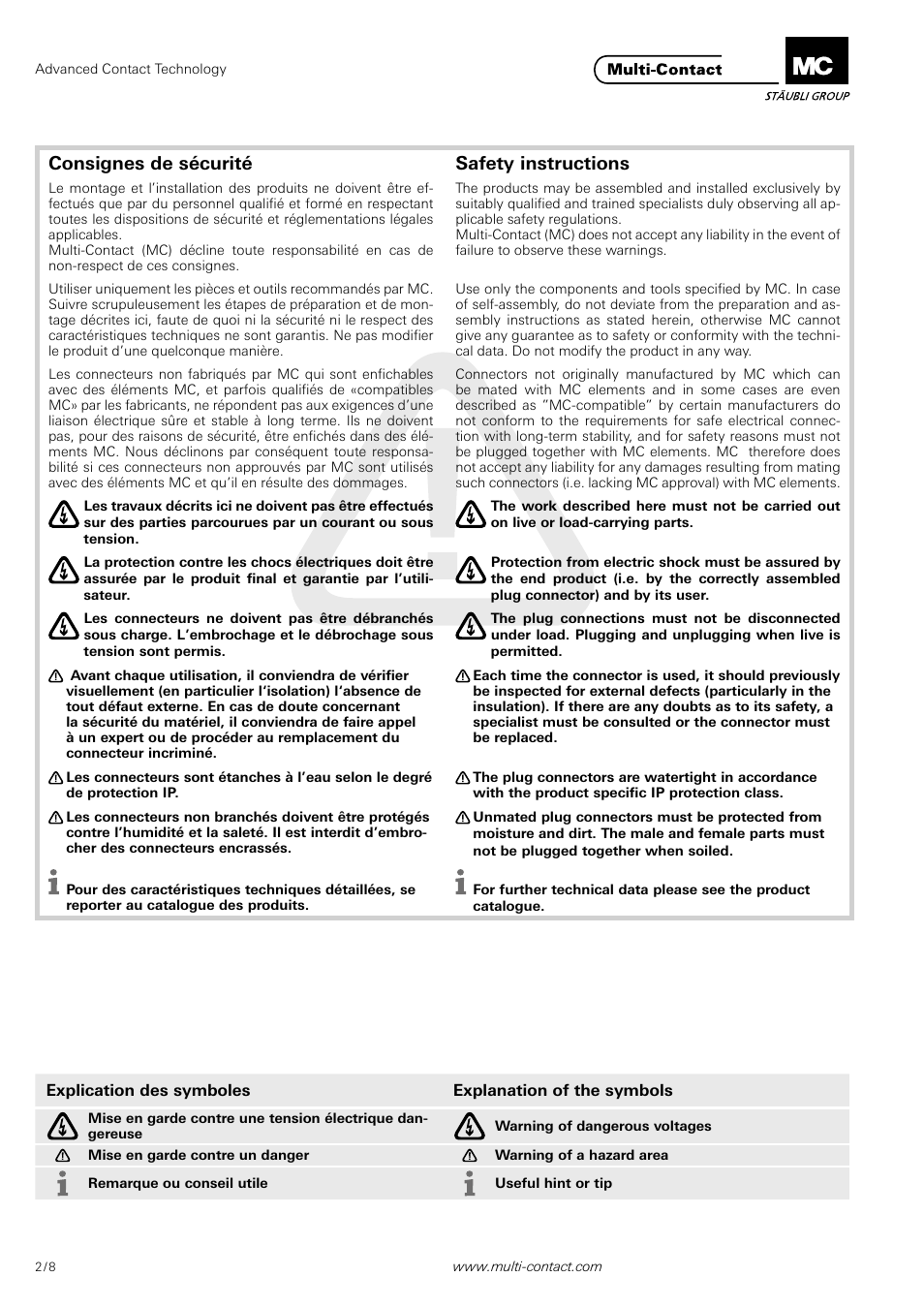 Consignes de sécurité safety instructions | Multi-Contact MA224 User Manual | Page 2 / 8
