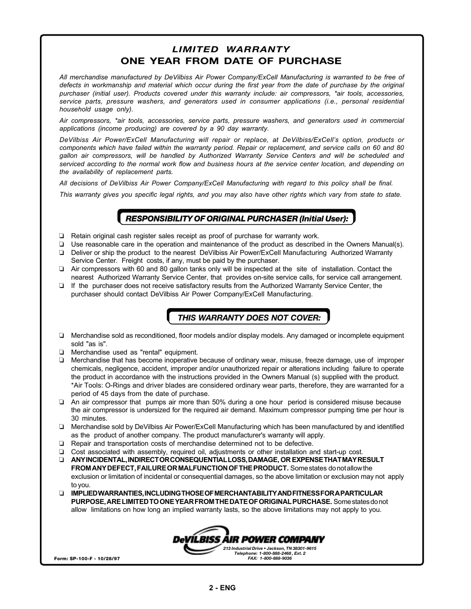 One year from date of purchase, Limited warranty | DeVilbiss FA125 User Manual | Page 2 / 12