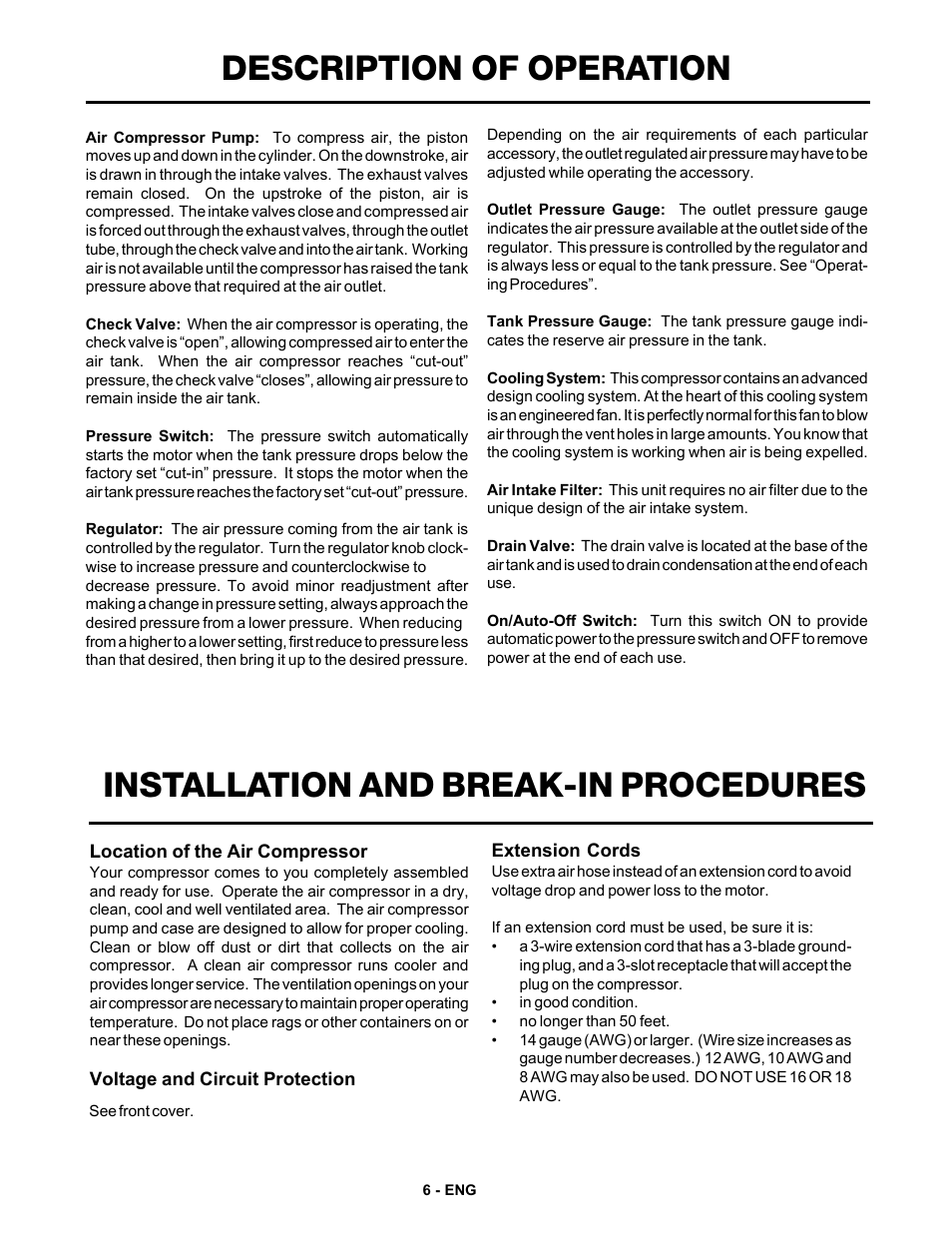 Description of operation, Installation and break-in procedures | DeVilbiss FA125 User Manual | Page 6 / 12