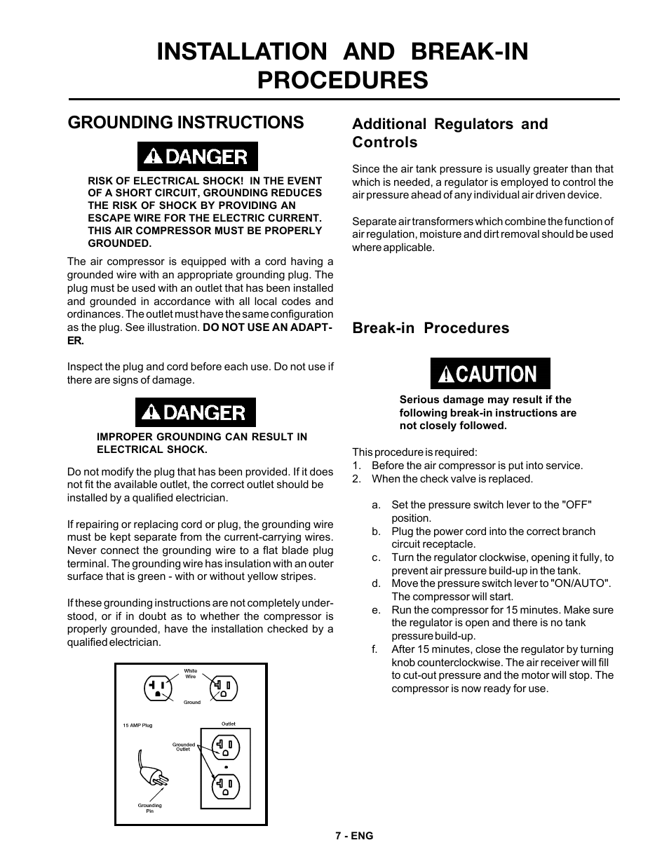 Installation and break-in procedures, Grounding instructions, Break-in procedures | Additional regulators and controls | DeVilbiss FA125 User Manual | Page 7 / 12